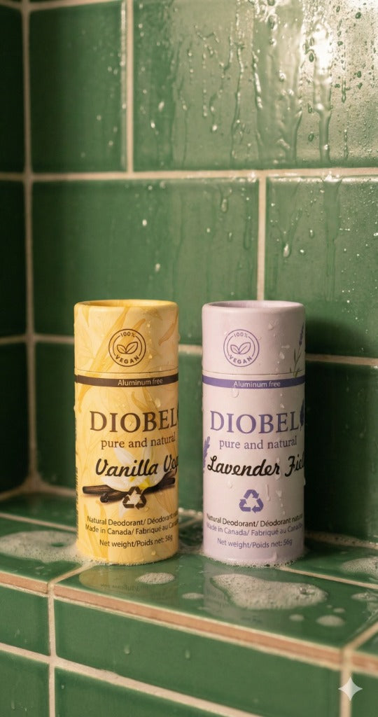DIOBEL natural deodorants in shower setting